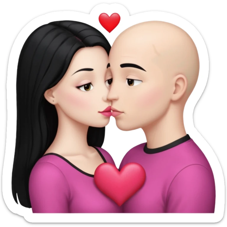 👩🏻‍❤️‍💋‍👨🏻 this one but the man should be bald. white woman with long black hair and white bald young man whoitiut hair and a heart between their heads. she has pink lips and both have brown eyes. sticker