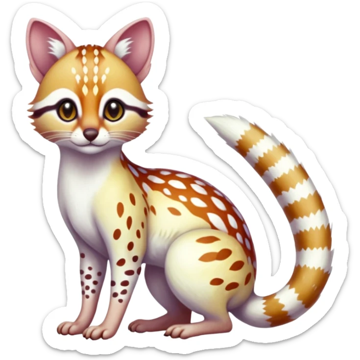 Iridescent white albino colorful fruity blingy crystalline Genet-Numbat-Ocelot-Tanuki-Cheetah-Ocicat-Caracal-hybrid-fusion, full body sticker