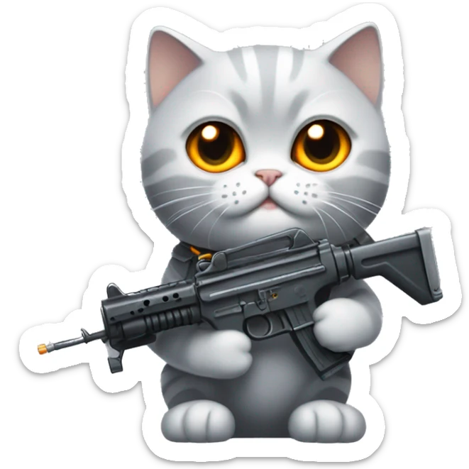 A British Shorthair cat with orange eyes holding a machine gun in its paw. sticker