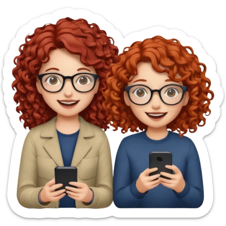 two girls. both white, one with curly red hair and glasses. one with curly brown hair. both giggling while doing a podcast sticker