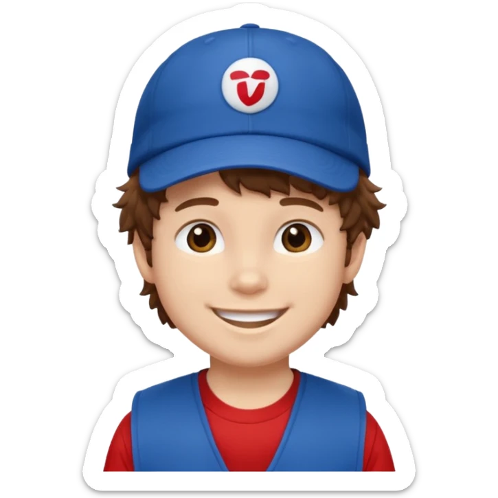 brown fluffy hair kid with blue and white cap dark blue jilet red t shirt sticker