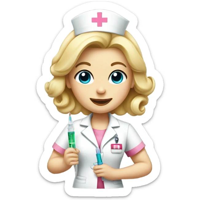 A blonde nurse with a pink bow in her hair and a syringe  sticker