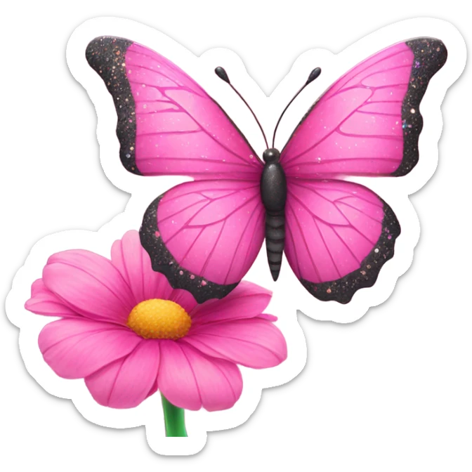 Large beautiful pink butterfly sitting on top of a spring time flower with glitter  sticker