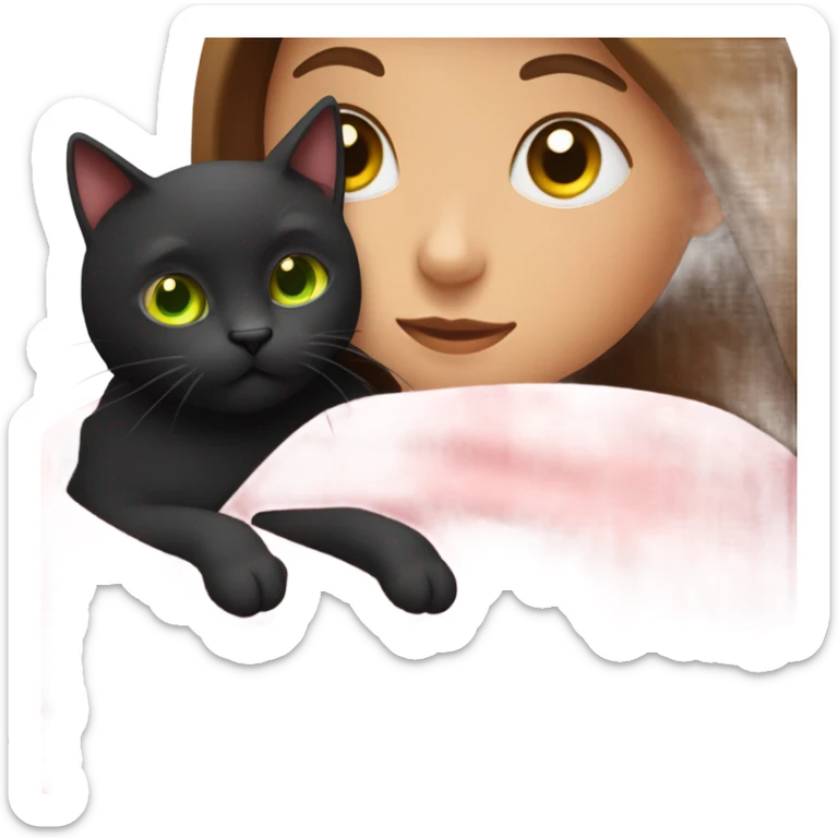 1 long brown haired girl with green eyes in a pink shirt. snuggling a  black cat with yellow eyes in a blanket sticker