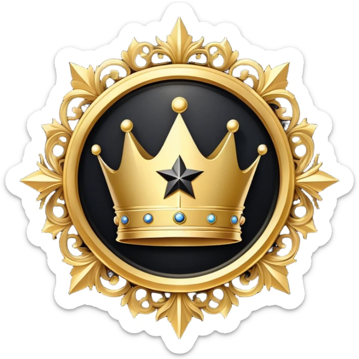 A luxurious golden badge icon in a circular shape, featuring an ornate crown at the top and a glowing star in the center, digital art style, minimal black background, high detail, gold and black color scheme, 3D rendered, designed for use as a Discord emoji, elegant and powerful design sticker