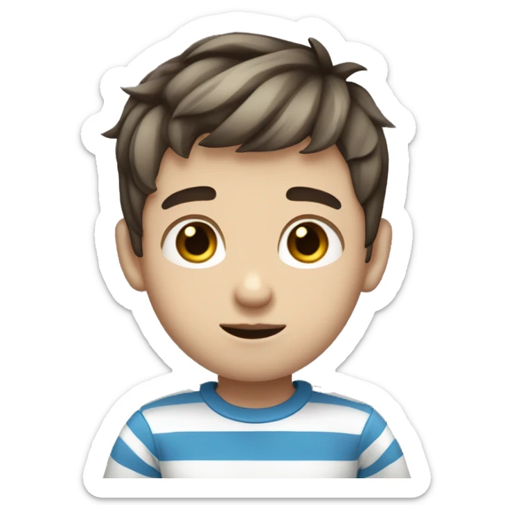boy with blue eyes with short hair he shows a rock gesture with his hand he has a striped shirt on him plump lips neat nose skin color dark fair hair a bit short sticker