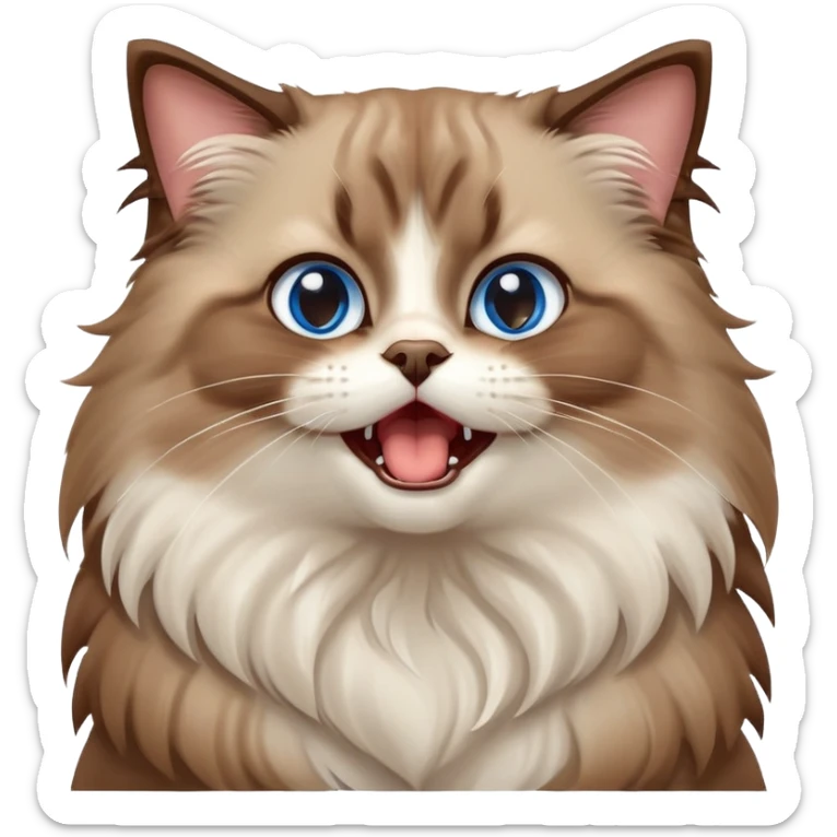 cinematic-adorable-big-eyed-fluffy-brown ragdoll-cat-portrait-emoji,-head-tilted-playfully-with-a-cute,-yawn,-soft-brown-and white-colored-fur-with-darker-points-on-the-ears,-simplified-yet-irresistibly-cute-features, sparkling blue eyes sticker
