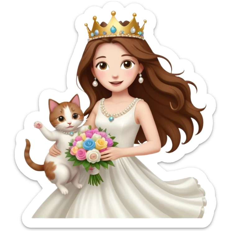 White woman - long hair - white wedding dress - holding a kitten - happy - jumping - stylish - elegant - bouquet - dreamy - colorful - wearing a crown - pearl accessories sticker