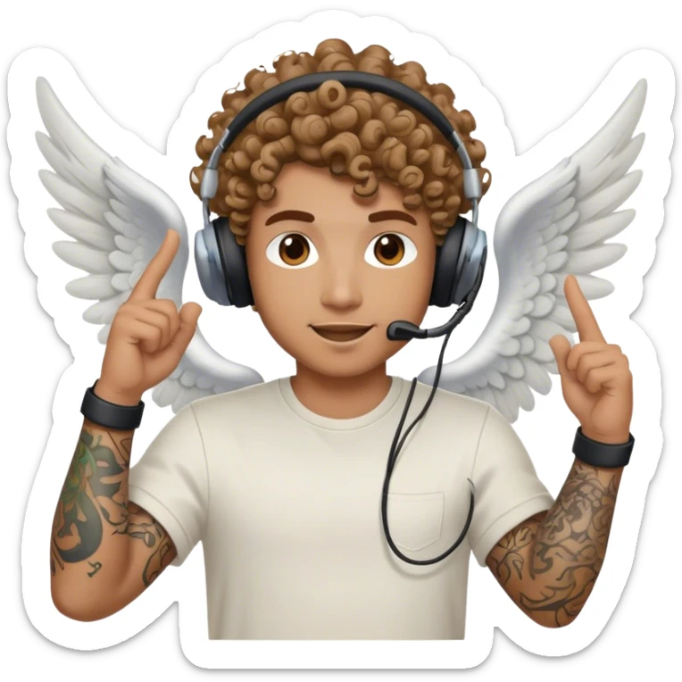 Man with a tattoo and a gaming headset. An angel with curly hair is above him cheering sticker