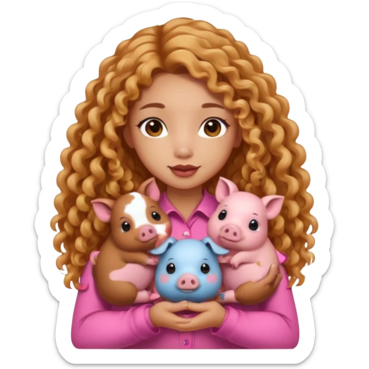 sexy asian tanned girl with cute brown and pink minipigs on hands, long golden curly hair sticker