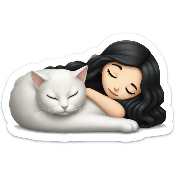 A pretty white girl with very long black hair and sleeping curled up to a white cat  sticker