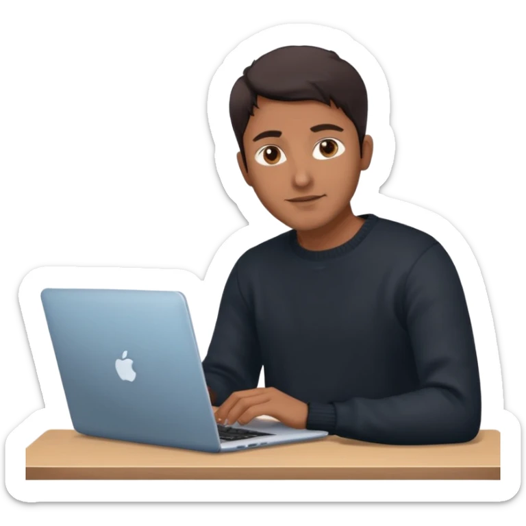 memoji of a man with a laptop, apple-style, modern, dark hair, black sweater, Indian brown skin, computer in hand, sitting at his desk, light blue gradient background sticker