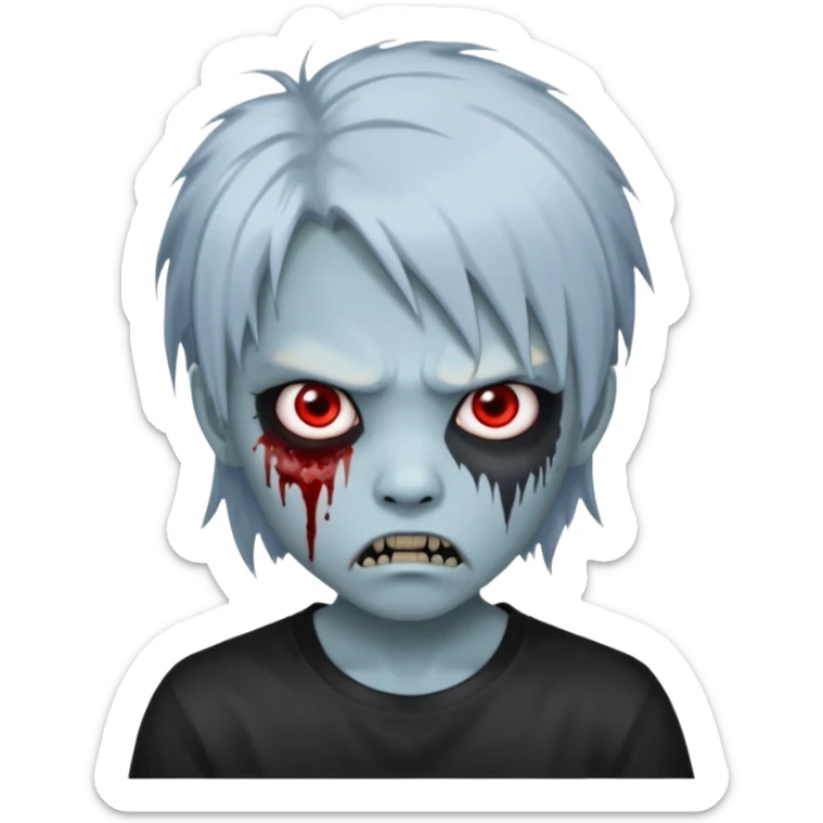  3D emoji-style avatar with very pale blue-grey zombie skin , a young Asian face, and large eyes with blood tears. Give it white litle bit messy mullet hair style , silver hoop earrings, and a plain black T-shirt. The face expression should be slightly angry, with vampire fang sticker
