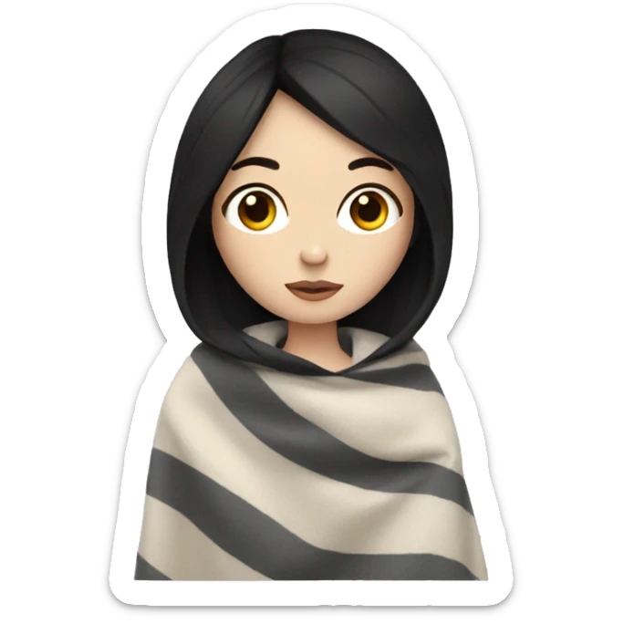 girl with pale skin and black hair with a blanket wrapped around her sticker