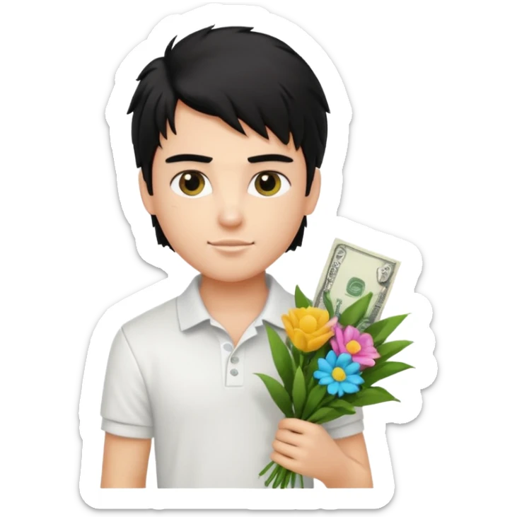 generate a pretty fair bratz boy with a messy mullet (black hair), wearing a white polo.  carrying a bouquet made of money. Fancy card behinf him sticker