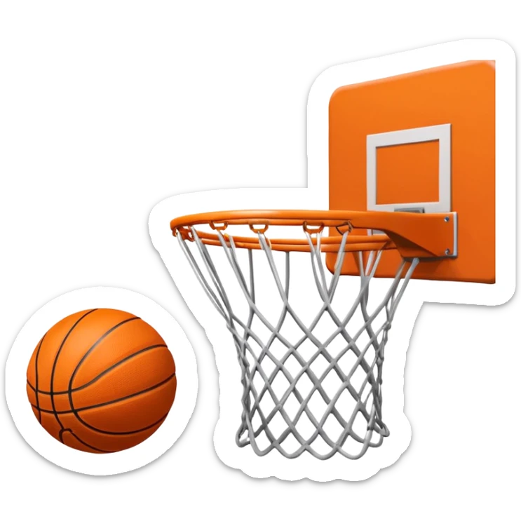 A close-up shot of a basketball entering the hoop, with the ball swishing through and inside  the basket. The background features a blurred basketball court, emphasizing the perfect shot and the excitement of the game. sticker