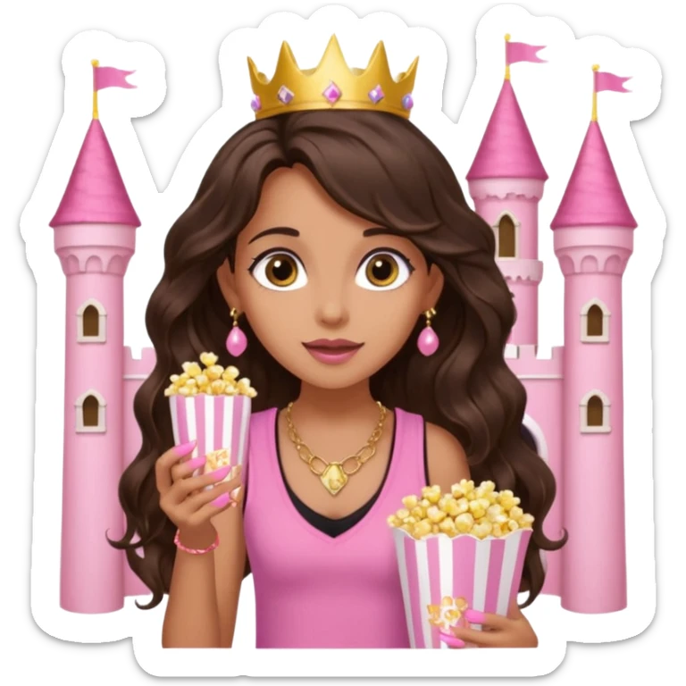 a woman with long dark brown  beachy wavy hair with light brown big eyes wearing pink vest top gold necklace baby pink nails and gold stud earrings with a pink castle fantasy in the background while eating popcorn  sticker