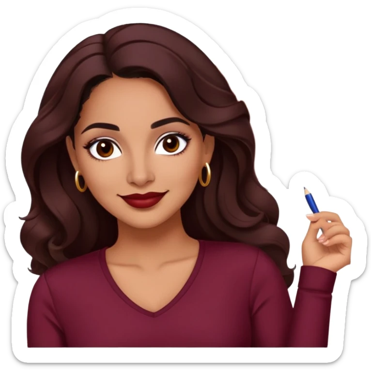 Puerto Rican actress Lynette Torres, woman with warm brown skin, attractive elegant features, expressive dark eyes, well-defined eyebrows, straight nose, friendly smile, long dark wavy hair, wearing a fashionable burgundy top sticker