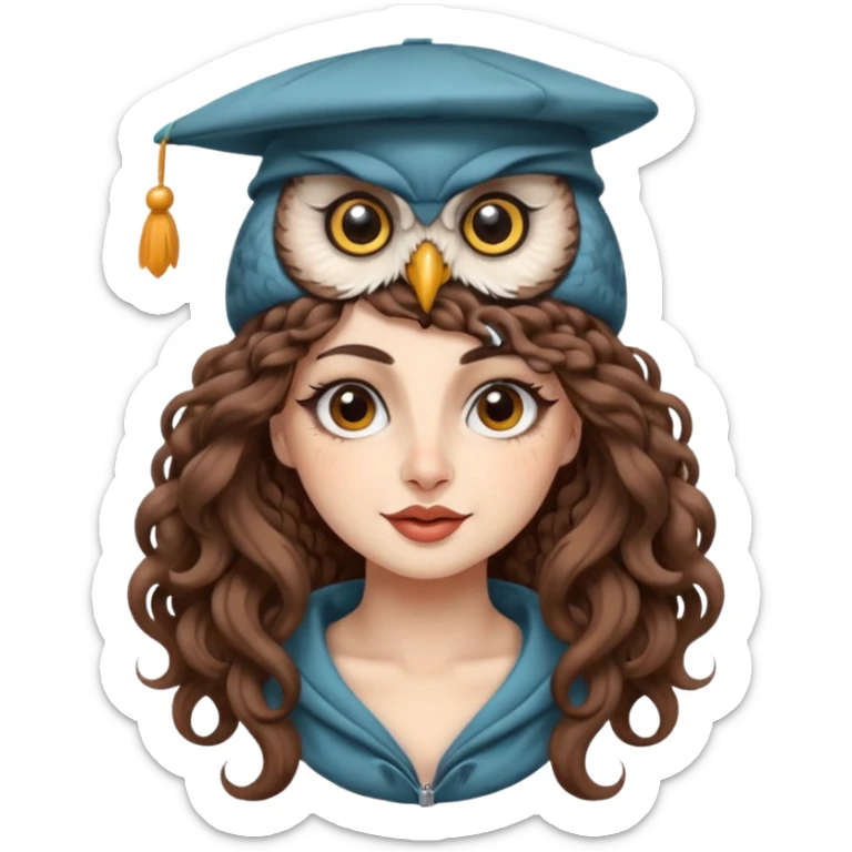 portrait woman long curly brown hair brown eyes white skin tattoos wearing owl hat oversized, playful wink sticker