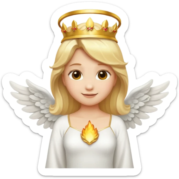 Emoji-style angel: blonde hair, golden flame crown, halo, large detailed wings, white dress, visible feminine body shape, cute smooth emoji look. sticker