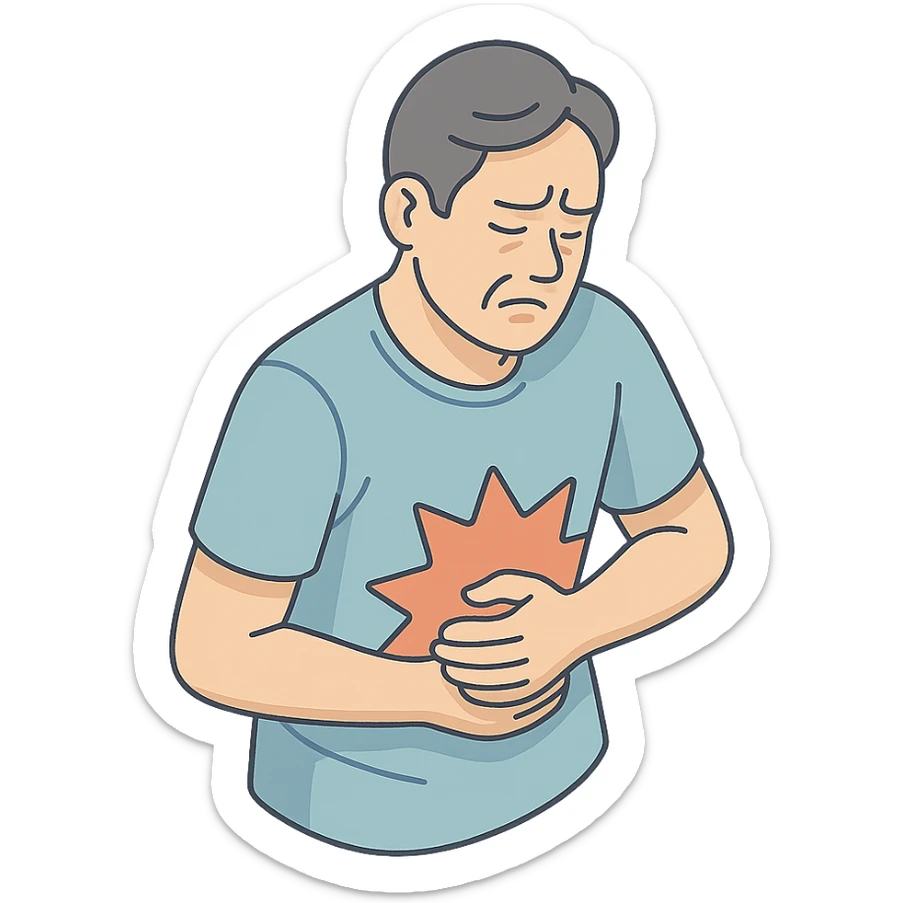 detailed 2D isometric illustration of a person (patient) with stomach pain, chest up, close-up, holding stomach, expression of severe pain, soft rounded shapes, shadows and highlights, clean contours, pastel palette, modern illustration, transparent background sticker