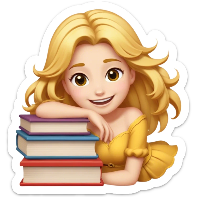 Cinematic Adorable Belle Portrait Emoji, Giggling as she hugs a stack of books, eyes twinkling with excitement, golden hair tousled slightly, a perfect mix of beauty and endearing nerdiness! sticker