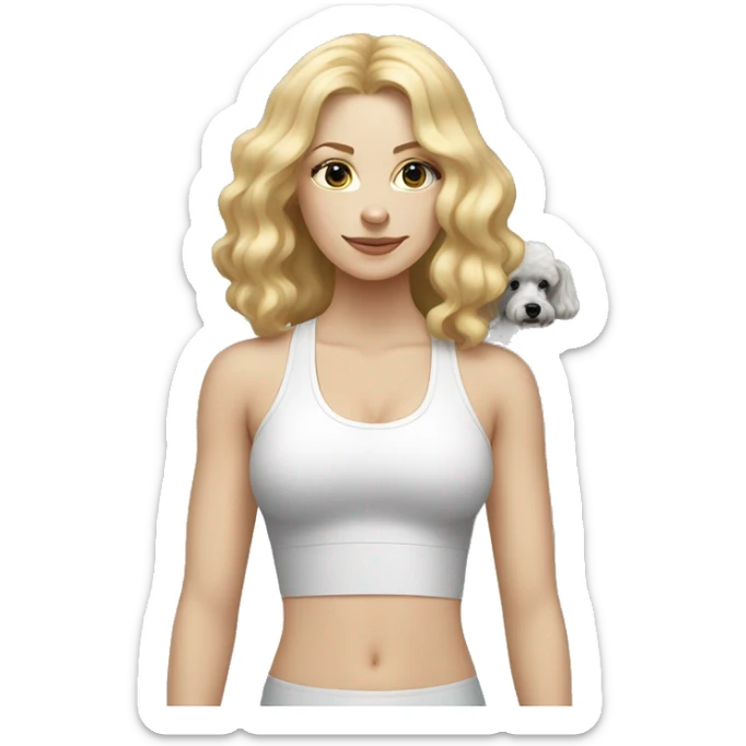 white woman with long blonde hair and cat shaped eyes wearing a yoga outfit standing alongside a black and white poodle sticker