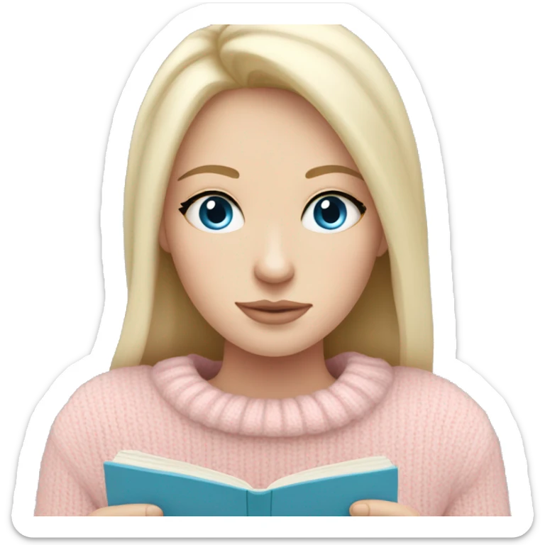 Pretty blue eyed white girl with light pink sweater reading cozy sticker