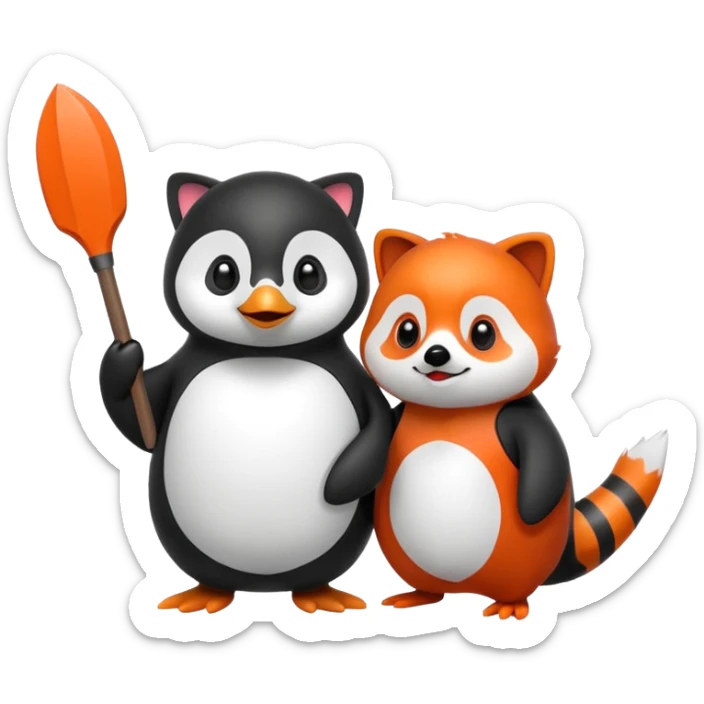 A cartoon  cute cartoon penguin. Next to it is a cartoon red panda holding its flipper  sticker