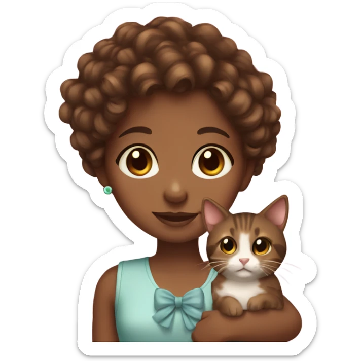 Girl with brown eyes brown skin and brown curly hair holding a cute cat with a bow sticker