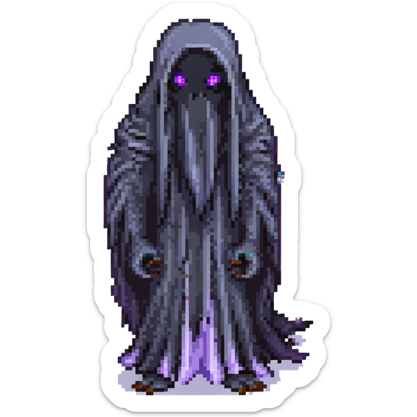a mysterious black tall ghost with long hair hiding shiny purple eyes, pixel art style sticker