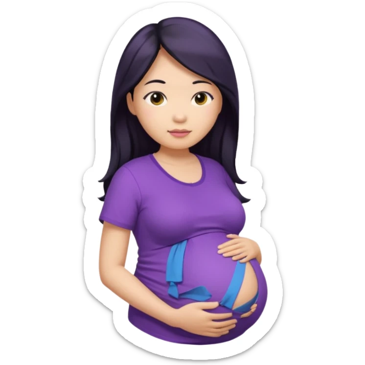 Asian, pregnant woman, purple shirt, long hair, head and eck and abdomen only sticker