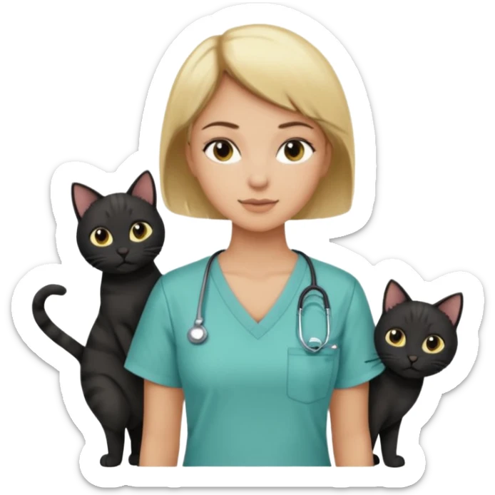 Woman with short blonde hair and tan skin wearing a scrub top with black cats on the scrub top sticker