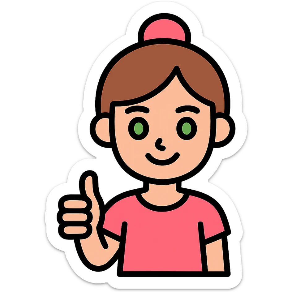 girl with pink topknot haircut and green eyes giving a thumbs up sticker