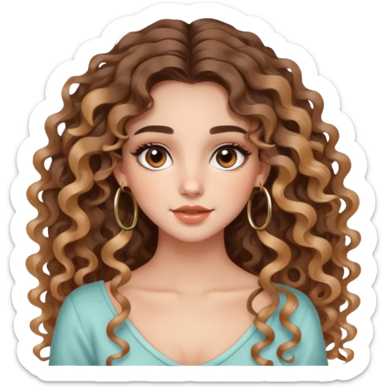 cute very long curly/wavy balayage haired girl, clean natural girl makeup, hoop earrings, brown eyes  sticker