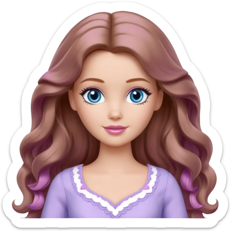 Barbie girl Chestnut long wavy hair and blue eyes is In pale purple clothes There are grey hearts above the head sticker