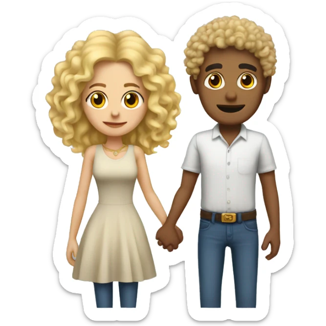 Mexican man with curly hair holding hands with a fake blonde girl sticker