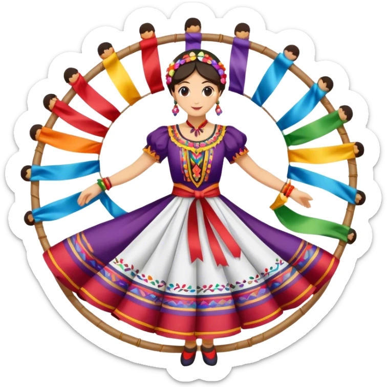 Icon for Folk Dance: close-up traditional dance dress, shoes, colorful folk costumes and a dance circle with ribbons. The icon should represent the vibrant and cultural aspects of folk dancing. Transparent background. sticker