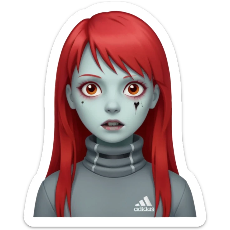 Crie um emoji de uma menina zumbi  com o cabelo vermelho longo com uma franja reta casaco de gola alta da adidas sticker