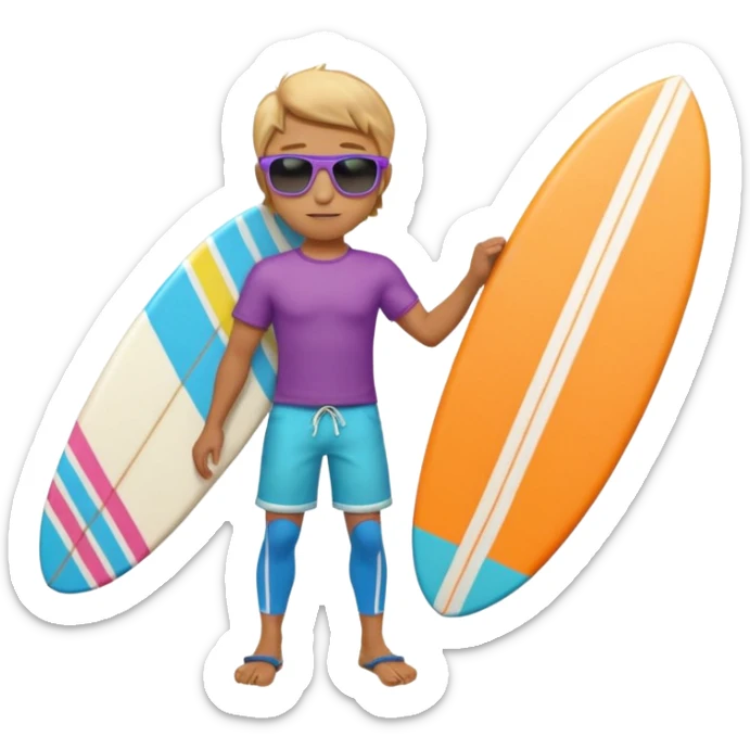 cute male surfer riding a wave, wearing shorts, sunglasses, holding balance, colorful surfboard, 3D cartoon, mobile game icon, clean background, no text sticker