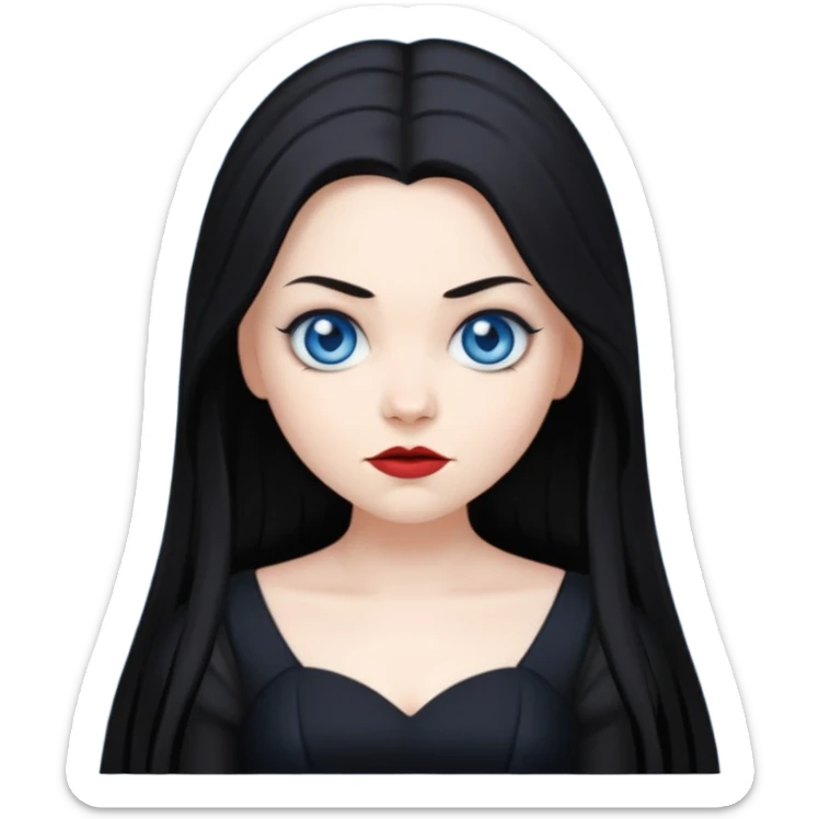 Amy Lee as an emoji, gothic style, long dark hair, blue eyes, black dress, expressive face, simple and iconic sticker