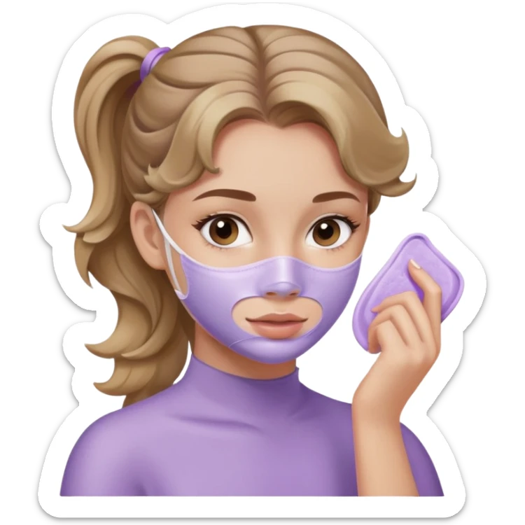 girl with wavy dark blonde hair one ponytail applying lilac skincare mask sticker