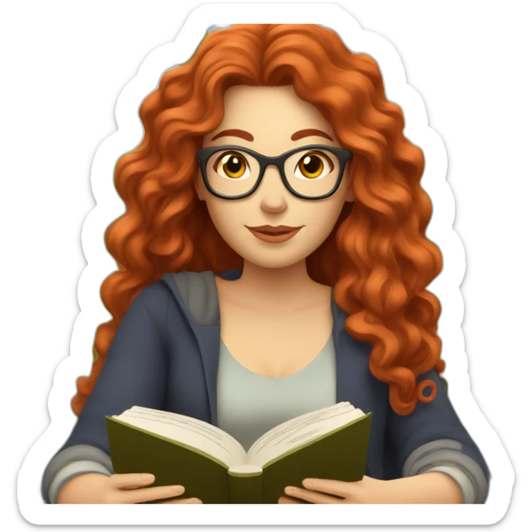 White woman with long curly red hair reading a book with a glass of wine in a park sticker