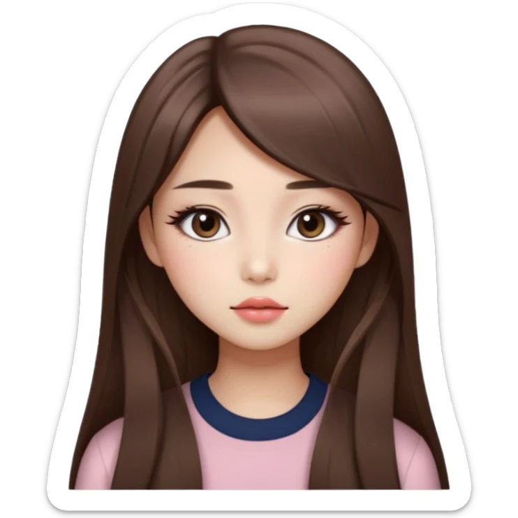“korean straight long brown hair Emoji girl, soft eyeliner and blush, gradient lips, light brown shimmer eyeshadow sticker