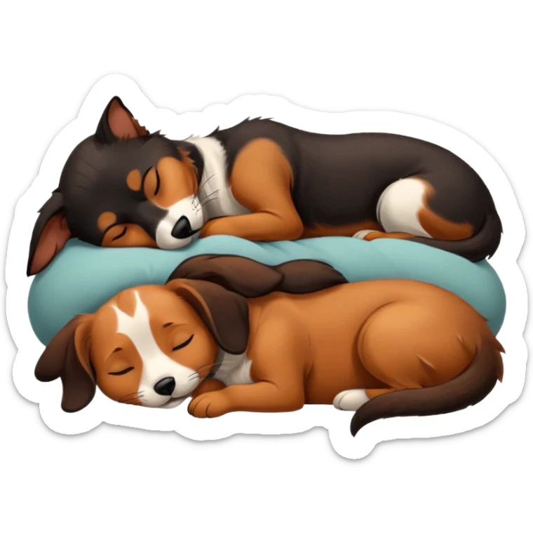 Calico cat with black nose sleeping near a black and brown nose dachshund dog     sticker