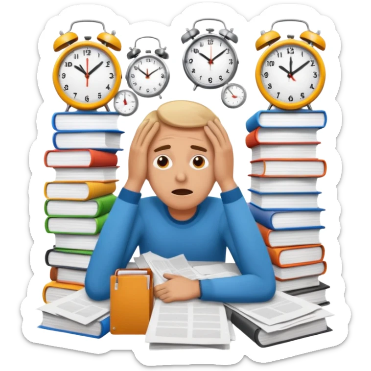 overwhelmed person surrounded by stacks of papers and clocks, drowning in routine and monotonous tasks, expressive and vibrant sticker