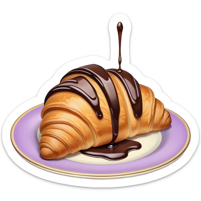 There's a croissant with chocolate syrup in a vintage pale purple plate. sticker