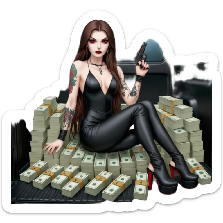 Lilith symbol red eye seductress evil long brown haired sexy succubus woman with leather long dress with slit, sitting in Big Large F350 pickup truck. Black Platform high heels on feet. Tattoo sleeve , seat full of stacks of cash, and a man dead human skull of her enemies and a gun in other hand sticker