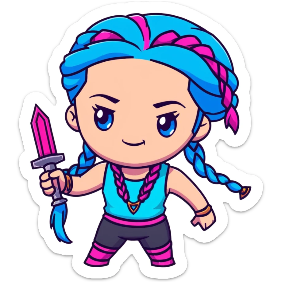 Jinx from League of Legends with long blue braids, pink eyes, and weapons sticker
