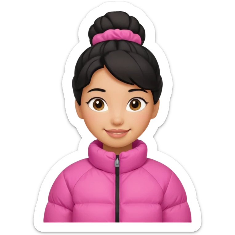 A caramel skinned girl that’s has puffy black hair with her hair up skinny and wears a pink puffer coat sticker